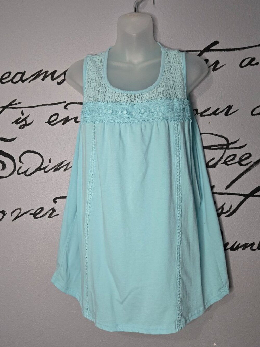 Pale Blue Sleeveless Top with Lace Accents, XL